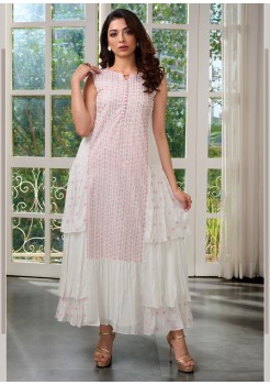 White With Pink Chinnon Designer Gown 